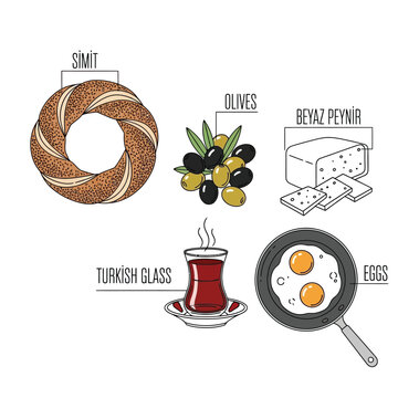 Turkish breakfast vector illustration with simit olives beyaz peynir and traditional turkish glass.