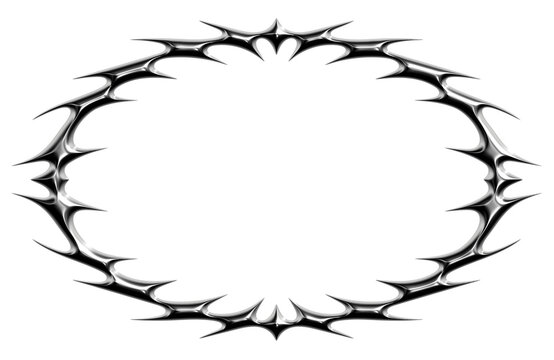 Chrome neo tribal oval frame border. Metallic symmetrical Y2K spiked tattoo ornament in glossy silver style. 3D render transparent background