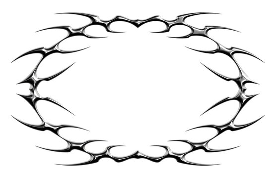 Chrome neo tribal oval frame border. Metallic symmetrical Y2K spiked tattoo ornament in glossy silver style. 3D render transparent background
