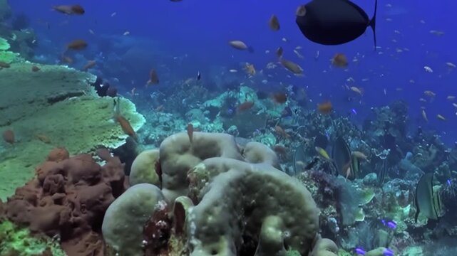 Sunlit ocean depths reveal a bustling, vibrant coral reef ecosystem. Numerous colorful fish gracefully navigate intricate branching and brain corals.