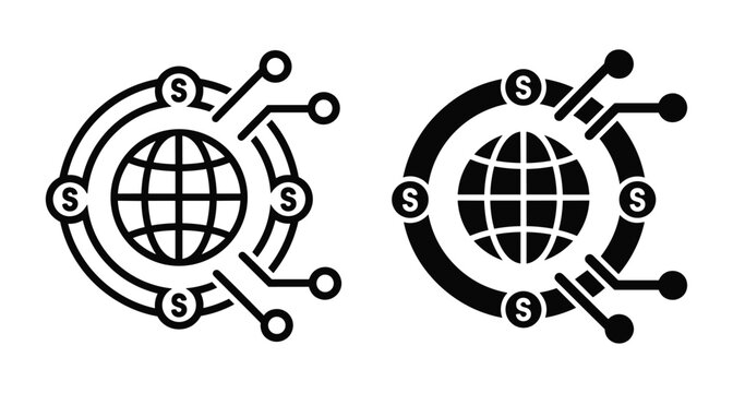 Global finance network icon set featuring world globe with currency symbols and digital connection nodes for international business and banking
