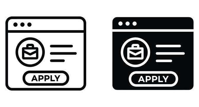 Job application web interface icon set showing online recruitment portal with briefcase symbol and apply button for career hiring process