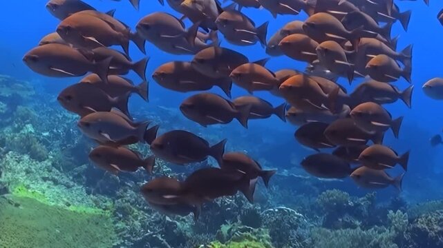 Witness a shimmering mass of marine life, a vast congregation of fish, as they swim in unison above a thriving coral garden. Sunlight pierces the ocean depths, illuminating their synchronized journey.