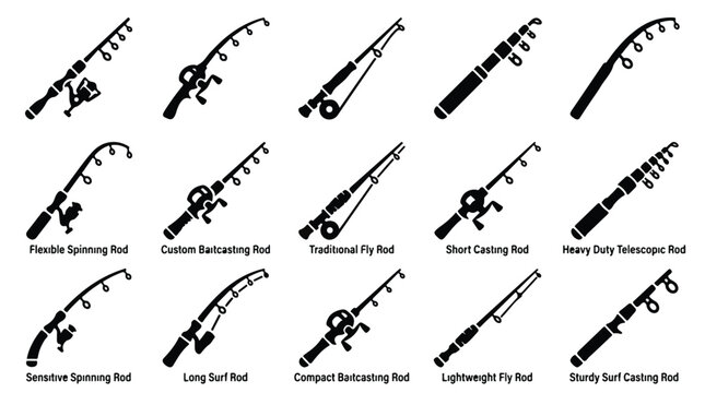 Collection of various fishing rods with labels on a white background in black silhouettes.