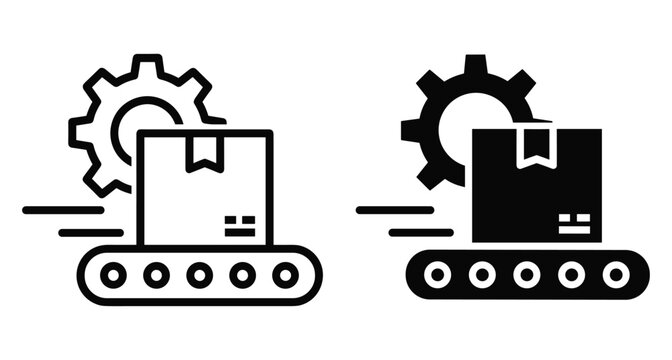 conveyor belt production line icon with cardboard box and gear symbol representing industrial automation manufacturing process logistics and shipping services