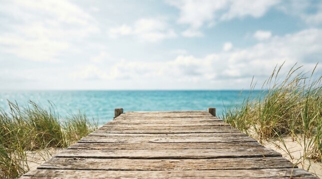 Wooden walkway leads through dune grass toward a quiet blue sea beneath a bright sky, creating a simple coastal access scene with open space and a peaceful summer atmosphere.