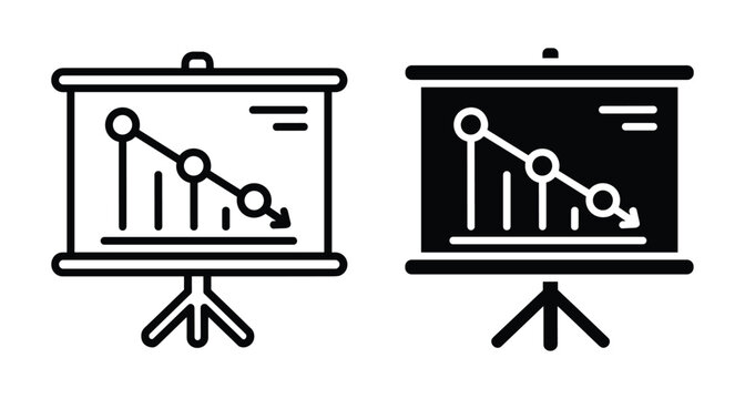 Presentation screen icon showing downward business graph trend with arrow indicating financial loss decline and negative economic growth statistics data