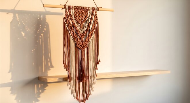 Bohemian macrame wall hanging with intricate knots and fringe, adding cozy texture above a minimalist shelf during golden hour.