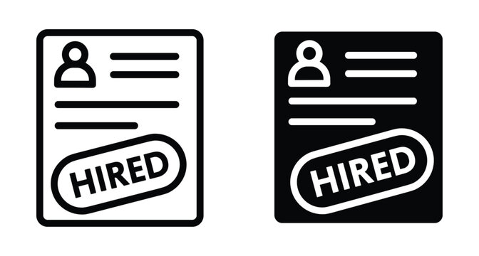Resume document with hired stamp icon set for recruitment job search career application employment process human resources hiring candidate selection
