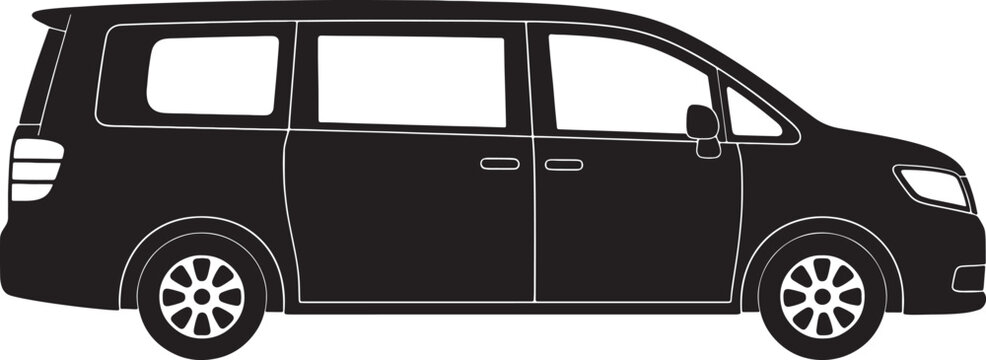 Black silhouette of a contemporary minivan, viewed from the side, showcasing its spacious interior potential and family-friendly with multiple windows and sliding doors also transparent background