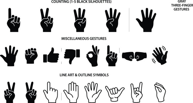 Hand Gesture Silhouette and Outline Icon Collection with Counting Signs Thumbs Up and Symbol Vector Set