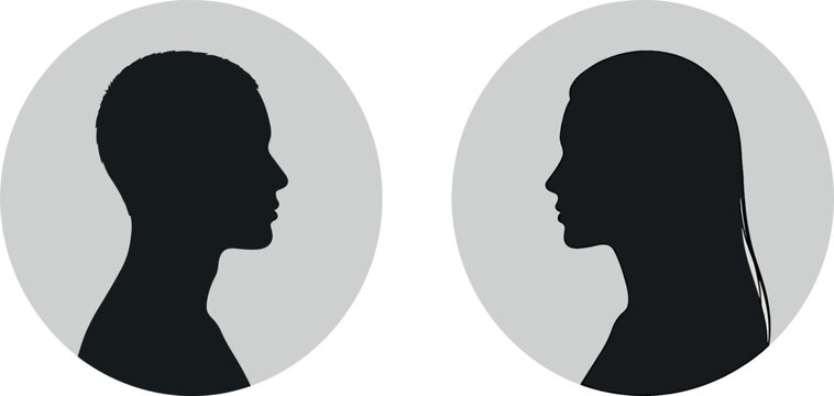 Side profile silhouette avatars of a man with short hair and a woman with long hair, facing each other within gray circular frames, symbolizing connection and interaction also transparent background