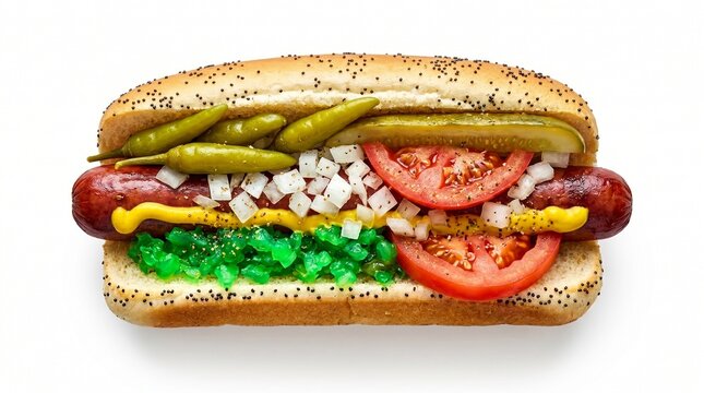Classic Chicago Style Hot Dog with Neon Relish Mustard Onions Tomatoes and Peppers on Poppy Seed Bun Isolated