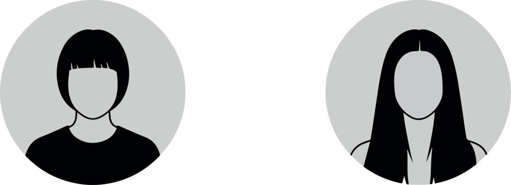 Minimalist avatars of a woman with short bob haircut and a woman with long flowing hair, set against a neutral gray circular background, representing diverse user profiles also transparent background