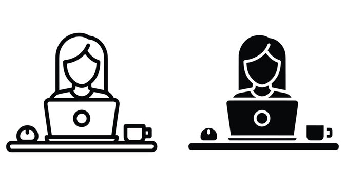 Woman working on laptop computer at desk with mouse and coffee cup icon set in outline and solid black style