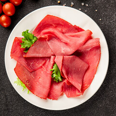 Beef ham thin slices of veal ham meat dish lunch or dinner tasty snack fresh, delicious, gourmet...