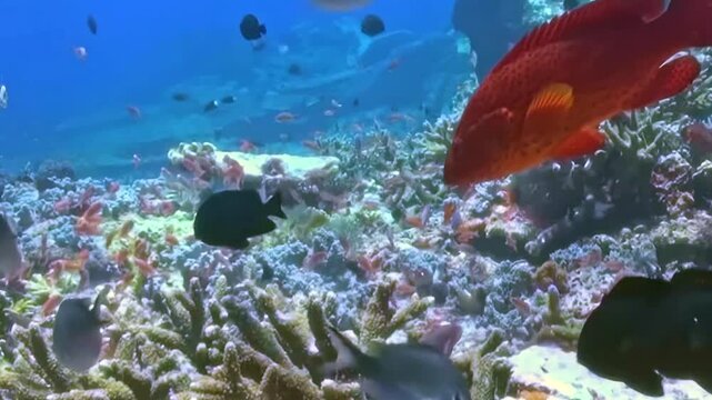 A magnificent scarlet grouper swims amongst a busy school of diverse fish. Sunlight illuminates a vibrant coral reef, showcasing the rich marine life in tropical waters during the day.