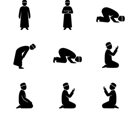 Islamic praying man silhouette icons black and white vector set with salah poses
