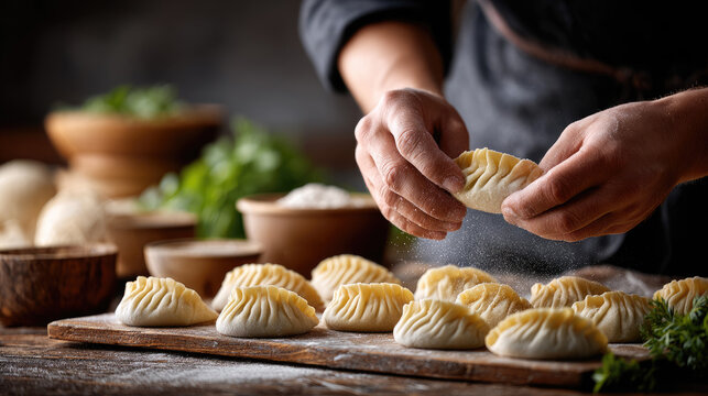Hands meticulously folding and pleating handmade dumplings, preparing fresh gyoza for a cozy family cooking session, creating traditional Asian cuisine with care