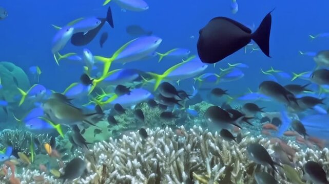 Schools of brilliant blue and yellow fish shimmer dart among intricate coral formations. Darker marine creatures gracefully navigate sunlit tropical ocean depths, presenting lively aquatic tapestry.