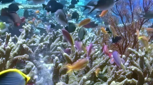 A mesmerizing glimpse into an abundant underwater world. Colorful fish, including a striking yellow butterflyfish, gracefully navigate a thriving coral reef, illuminated by the gentle daytime sun.