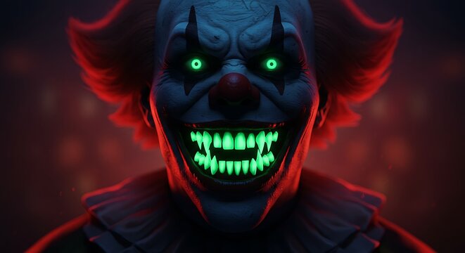 Sinister clown portrait with glowing green eyes and teeth in dark background