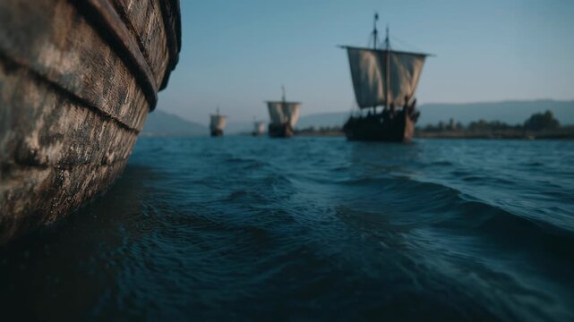 Sailing ship fleet navigating calm waters. Wooden vessels under billowing sails with distant mountains. Maritime adventure and sea exploration concept.