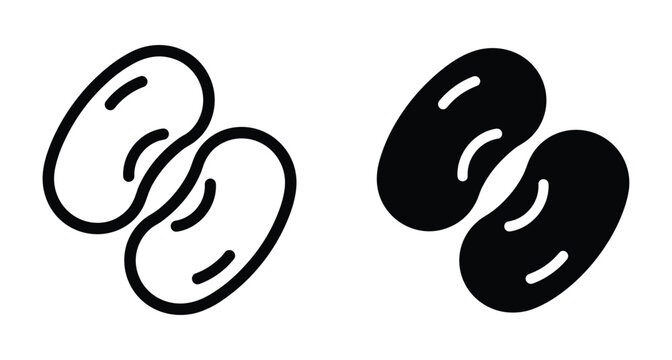 Bean icon set featuring outline and solid black kidney bean shapes for food nutrition cooking agriculture and grocery store design