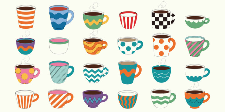 Collection of assorted ceramic coffee mugs with colorful patterns and textures on light background