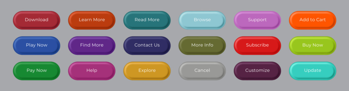 Colorful Neumorphic Glossy Web Button Set for UI UX Interface Design, Editable AI file