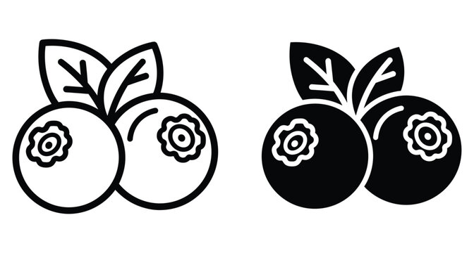Blueberry icon set with outline and solid black glyph styles featuring fresh berries and leaves for food blueberry icon set