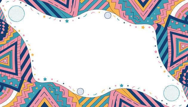 Memphis style geometric pattern frame with vibrant triangles and zigzag lines
