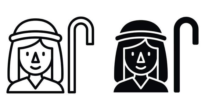 Shepherd icon set featuring a man with a staff and traditional head covering in outline and solid glyph styles for nativity scenes
