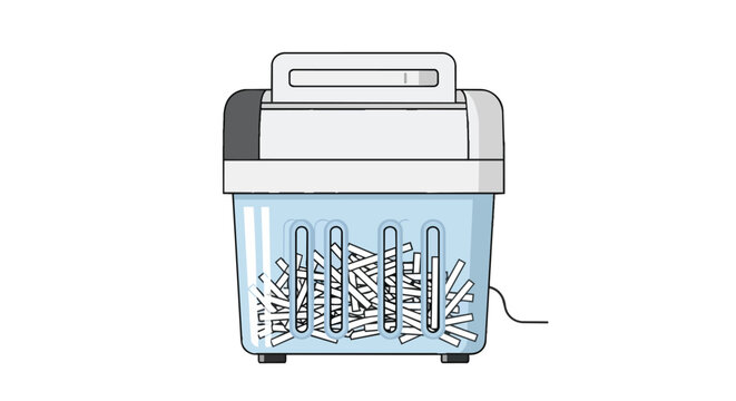 Office paper shredder machine illustration with shredded document strips in a transparent bin for data security and privacy