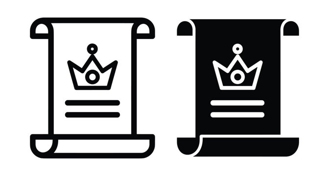 Royal scroll icon set featuring crown symbol in outline and solid black glyph styles for medieval decree or kingly proclamation design