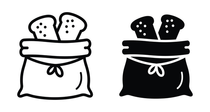 Bread slices in a sack icon set with outline and solid versions for bakery food storage and grocery shopping symbols