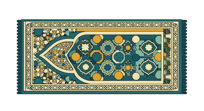 Islamic prayer rug illustration with turquoise geometric patterns and traditional mihrab arch design for Muslim religious worship.