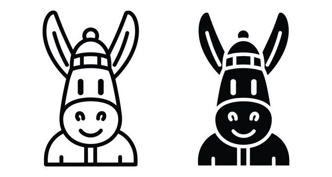 Donkey icon set featuring cute mule wearing winter hat in outline and solid black glyph styles for seasonal animal graphic design