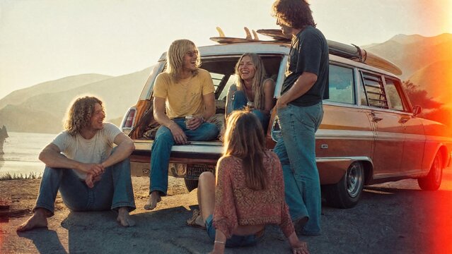 Group of Friends with Vintage Station Wagon at Beach Sunset in 1970s Retro Style