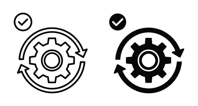 Gear icon with circular arrows and checkmark symbol representing successful process automation system update workflow optimization and technical maintenance task completion