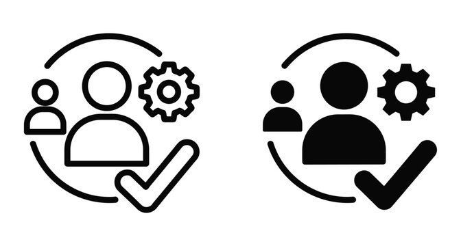 User profile management icon set with gear and checkmark representing account verification settings process completion and personal data optimization tools