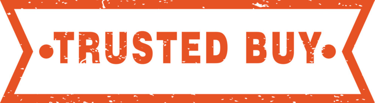 A rectangular orange ribbon banner stamp with a distressed vintage texture, featuring the text trusted buy in white letters, isolated on a white background, for retail and, e-commerce product labels