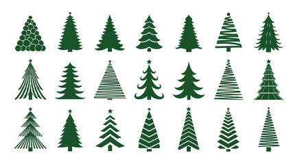 Obraz premium Minimalist Christmas tree icons set, 21 green pine tree silhouettes, modern fir tree vector collection for holiday branding and winter decor