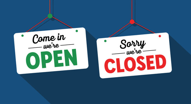 Hanging open and closed signs for retail business, flat vector store signage set, come in we are open and sorry we are closed door placards