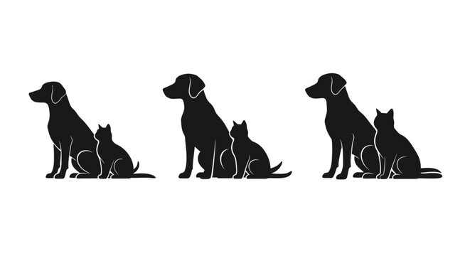 Minimalist dog and cat silhouettes, black pet animal icons set, veterinary clinic and grooming salon logo elements, simple domestic pet vector graphics