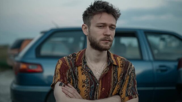 Young man covering his face in shyness by blue car. Then arms crossed with confident gaze in colorful summer shirt. Emotional sequence outdoors evoking party arrival nerves and poise.