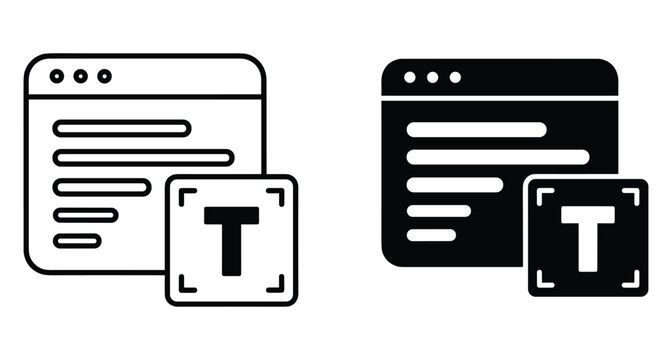 Web browser window icon set with text editing tool symbol for user interface design content management and digital typography application