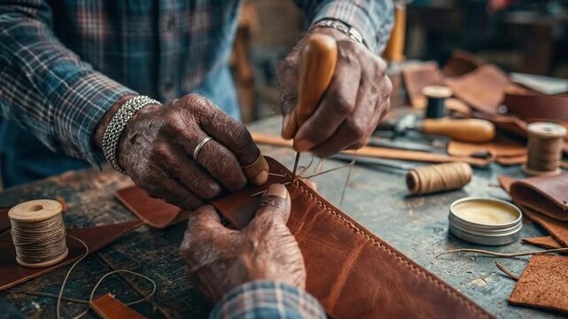 Skilled hands meticulously stitch leather in a craftsman's workshop, creating a handmade product.