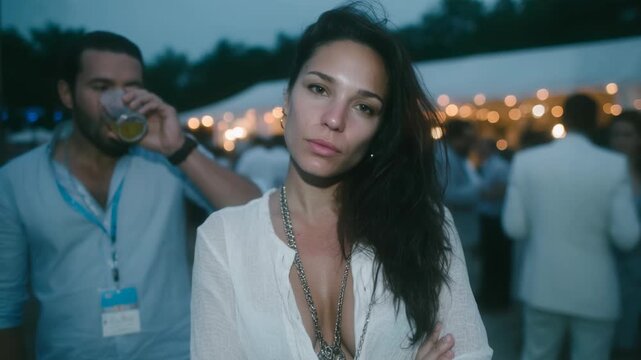 Man in blue shirt offering drink to woman with crossed arms at evening outdoor party. Attendees in white under string lights. Social interaction and summer gathering concept.