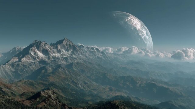 Snowy mountain peaks under rising alien moon. Mystical landscape with ethereal celestial body emerging above rugged terrain. Sci-fi ufo sighting concept in natural wilderness setting.